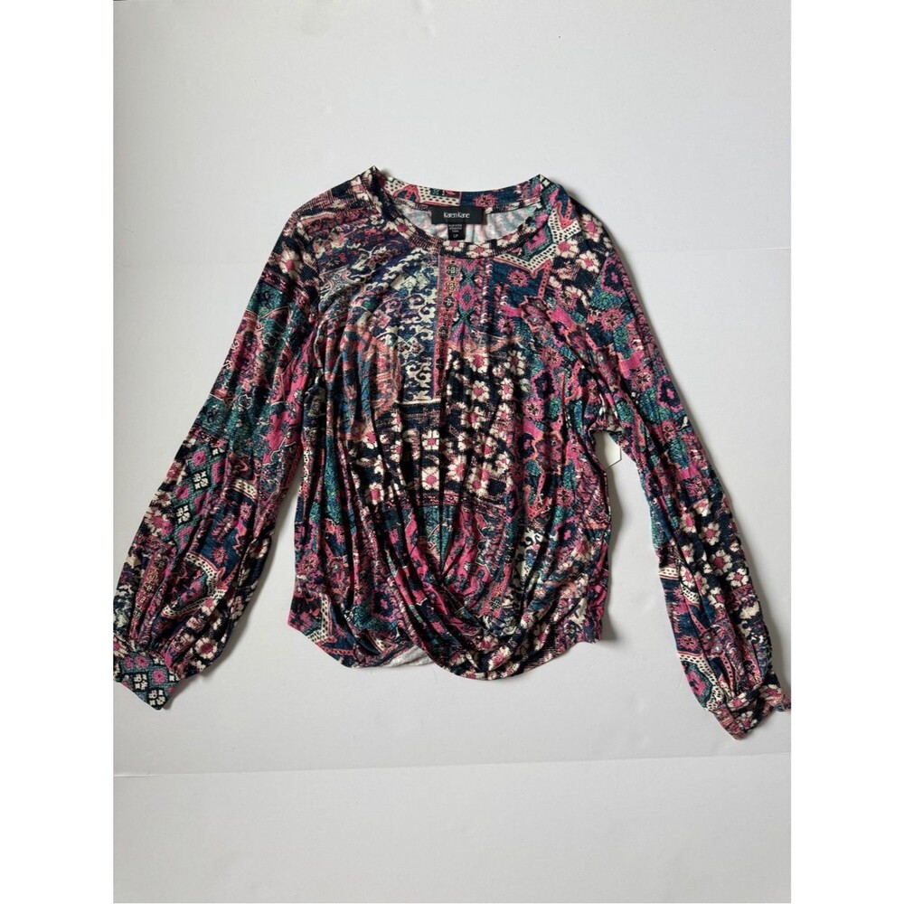 Karen Kane Pink Multicolor Abstract Print Drape Front Top Size Large Petite NWT - Picture 2 of 8